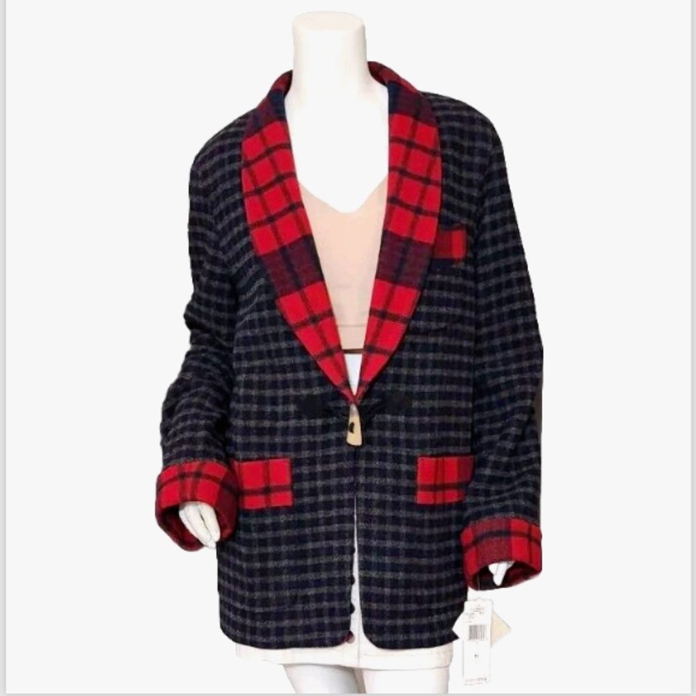 Vtg LRL RALPH LAUREN Wool Tartan Plaid Blazer Jacket Toggle Button